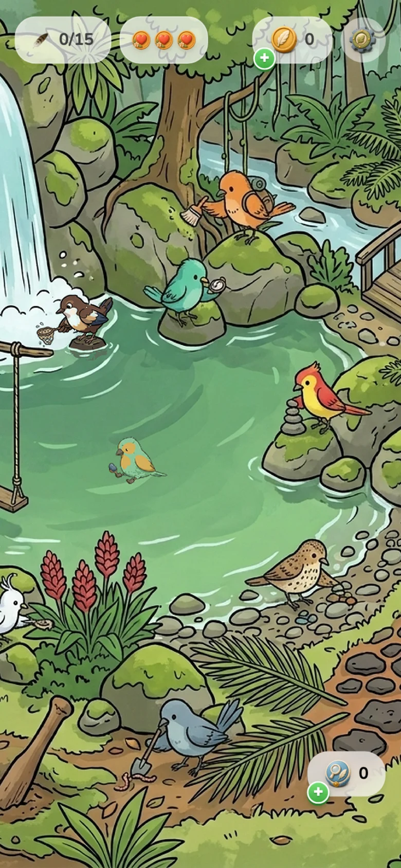 Birds hidden around an illustrated tropical waterfall in Find The Bird