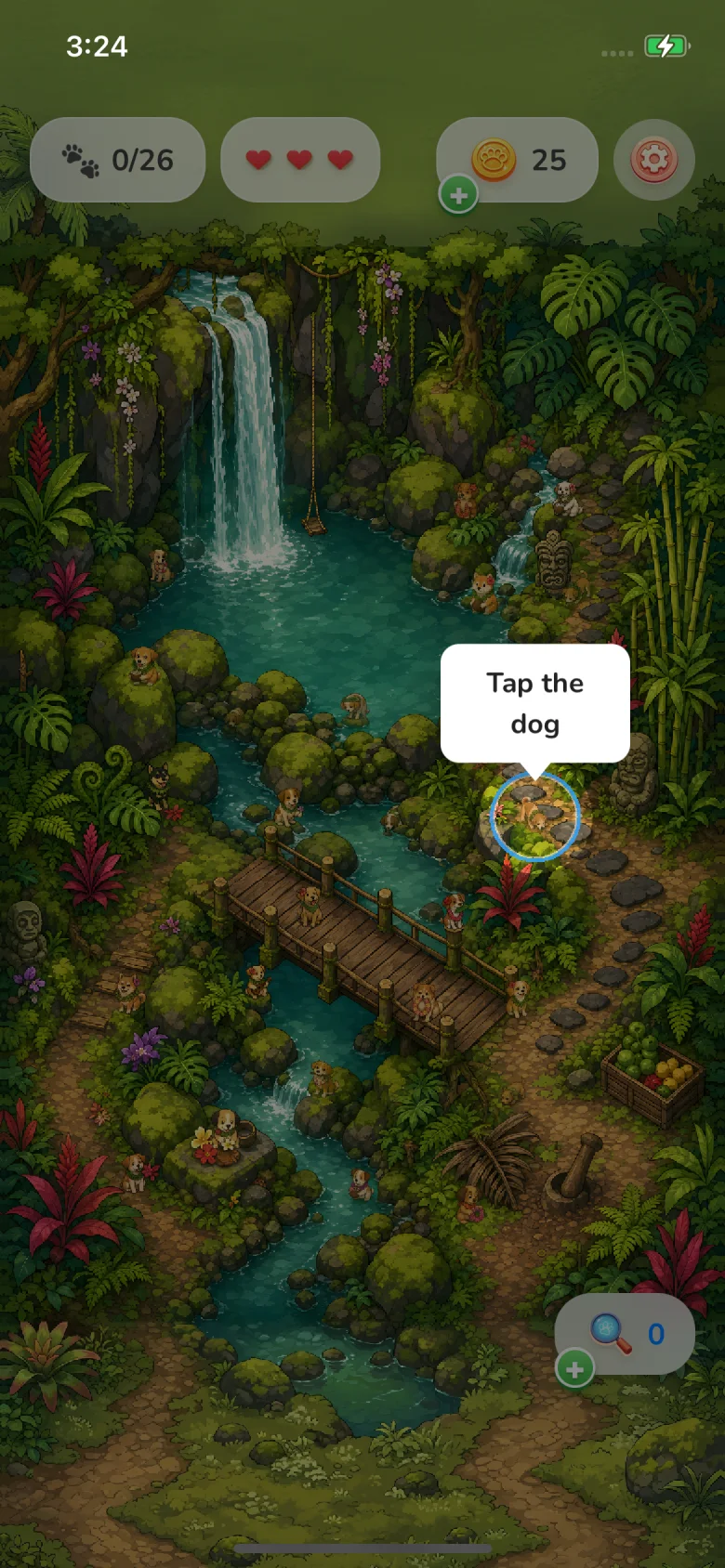 Dogs hidden around an illustrated jungle waterfall in Find the Dog